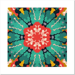 Retro Mandala Flower Red Blue and Yellow Posters and Art